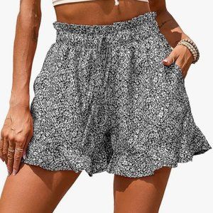 NWOT Women's Floral Print Ruffle Hem Shorts Elastic High Waist Casual Short Pant